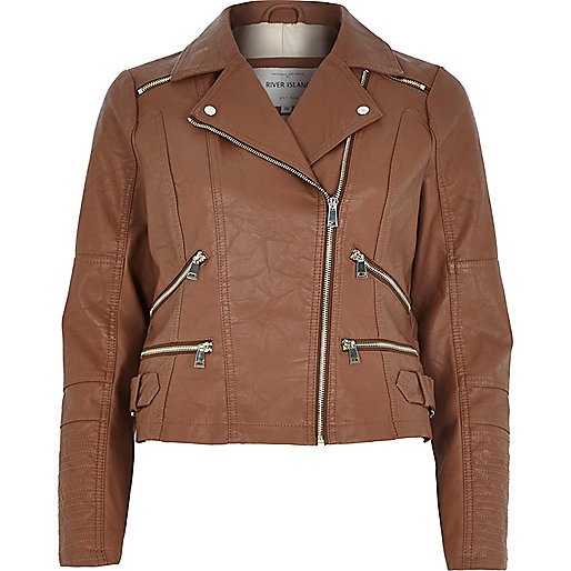 Brown Leather-Look Zip Biker Jacket by River Island, £60.00